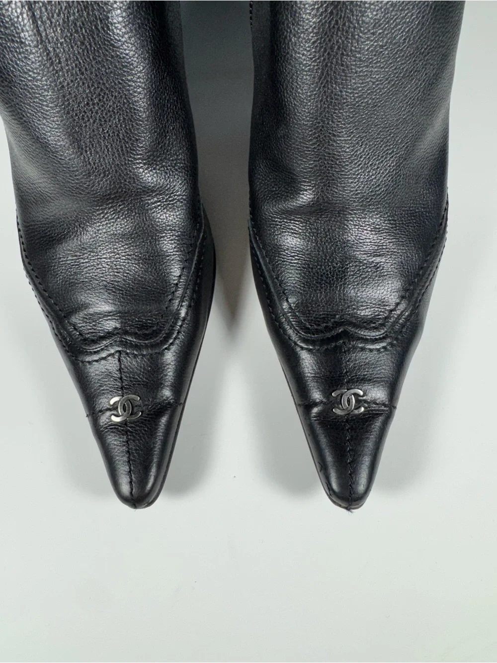 Vintage CHANEL Black Leather Western Kitten Ankle Heel Point Booties Women 9.5